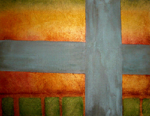 Gold and Green Cross,  Mixed Media Painting by Anni Adkins